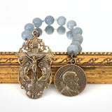 St Joseph bronze medal on right with angels kneeling crucifix on left with angelite in the background, single decade rosary