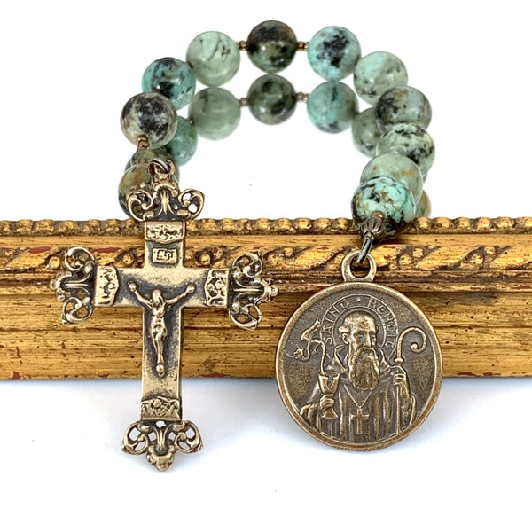 Rosary single decade with African Turqoise beads and bronze crucifix and St Benedict medal