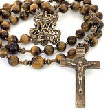 Handsome Rosary with Tiger Eye Hail Mary and Our Father Beads, St Benedict crucifix in bronze and am Auspice Maria Center