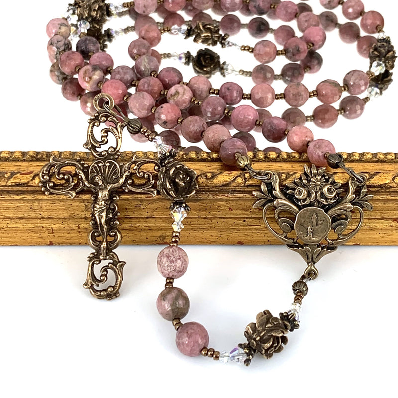 Rosary with pink rhodonite rosary beads and bronze Our Father rose beads