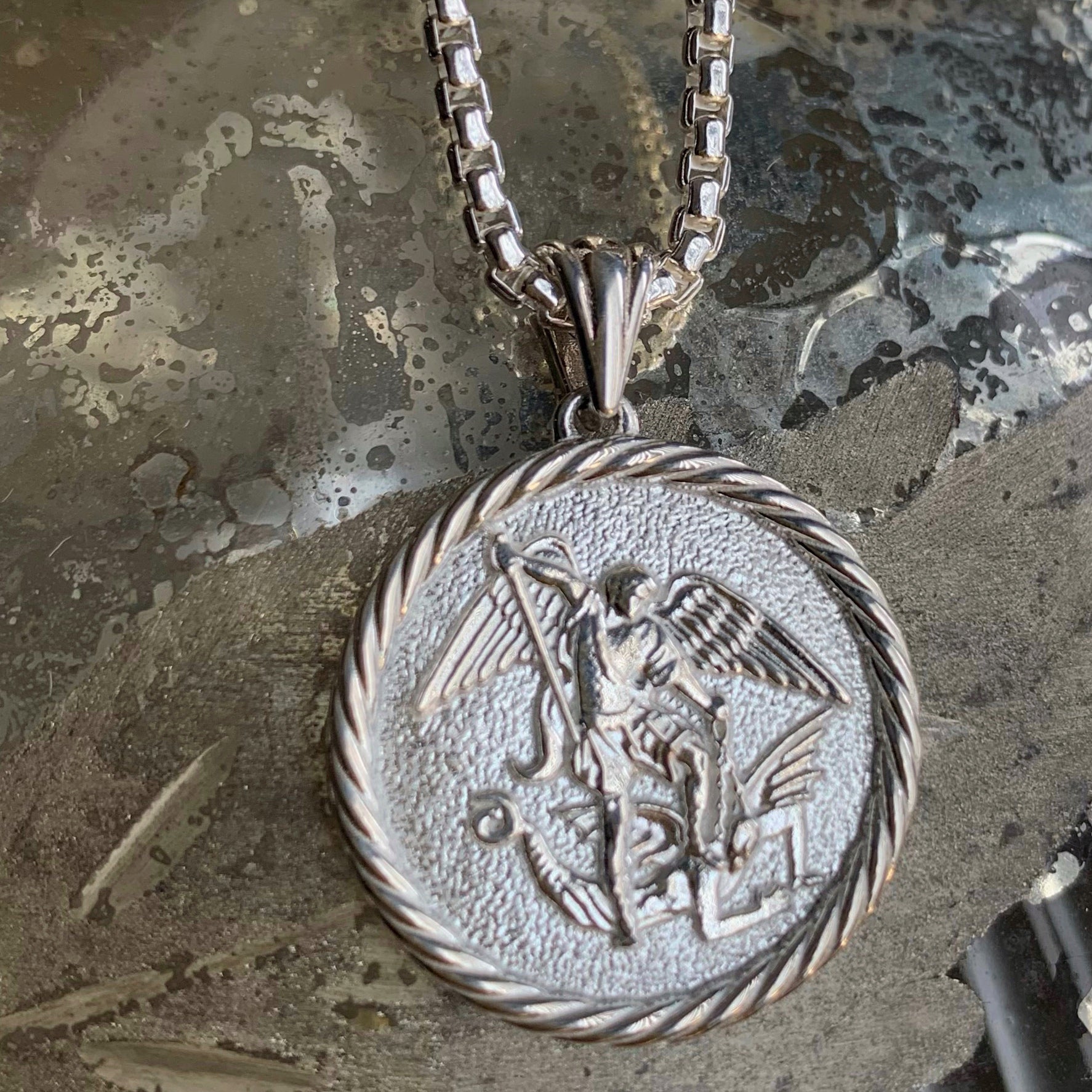St. Michael the Archangel Pendant with Rope Border in Sterling Silver, 22mm