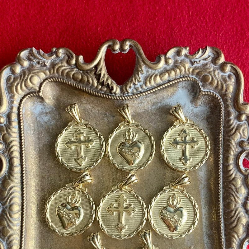 Sacred Heart of Jesus / Cross Reversible Pendant in 14k Gold Vermeil, 19mm