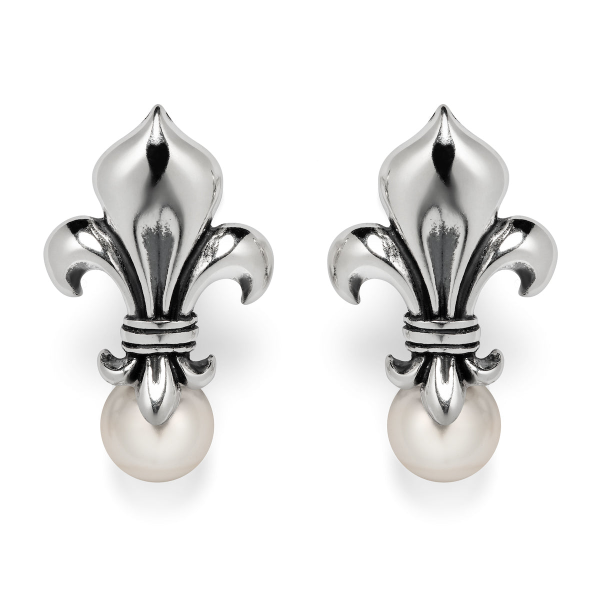 Fleur de Lis earrings with a pearl at the bottom in sterling silver.