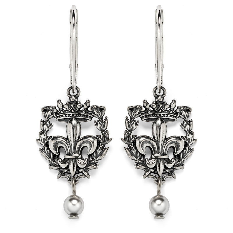 Silver earrings with lever backs.  The earrings are a Fleur de Lis set in a crest of lilys and topped with a crown.  There is a pearl hanging from the bottom.