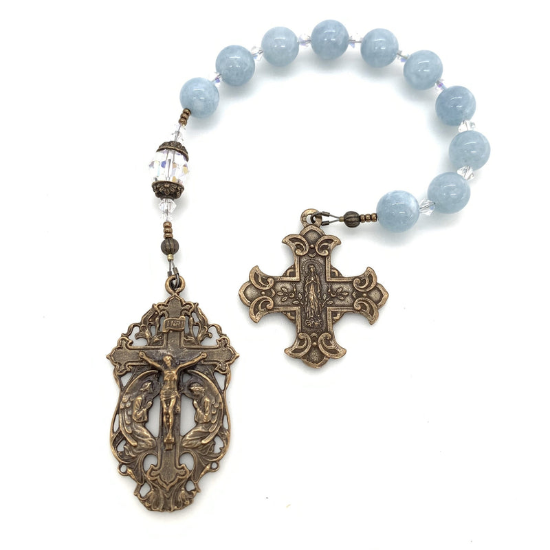 Rosary tenner using aquamarine hail Mary beads and crystal our father bead