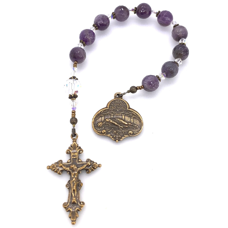 Bronze St Cecilia medal single decade rosary with amethyst beads and Swarovski crystal spacers
