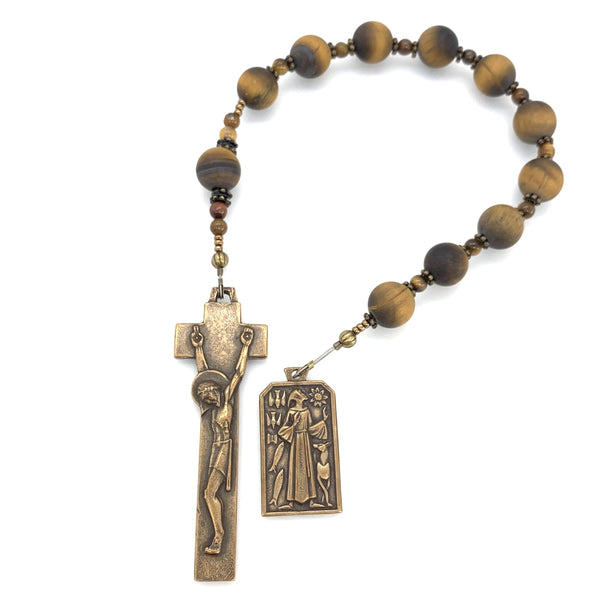 Bronze St Francis medal on single decade rosary with natural tiger eye beads and penal crucifix