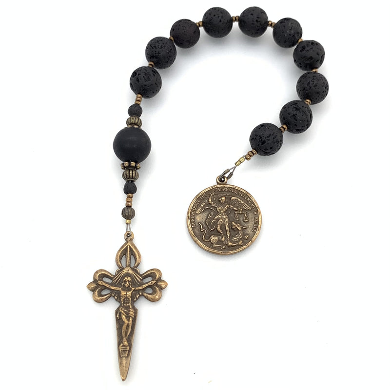 Lava rock and St James crucifix with St Michael medal make a handsome men's single decade rosary