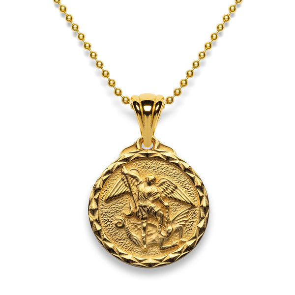 14k Yellow Gold Saint Michael The Archangel Diamond Medal Pendant (1.14") - Double Sided With 4 Diamonds