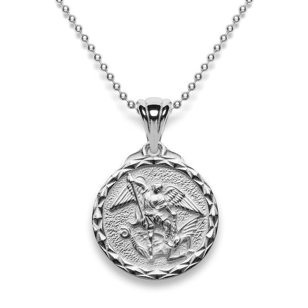 Men's St. Michael Necklace - Sterling Silver Round Pendant On 24
