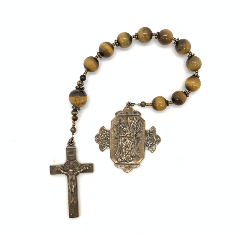 Decade rosary with tiger eye beads, St Micheal medal and St Benedict cross
