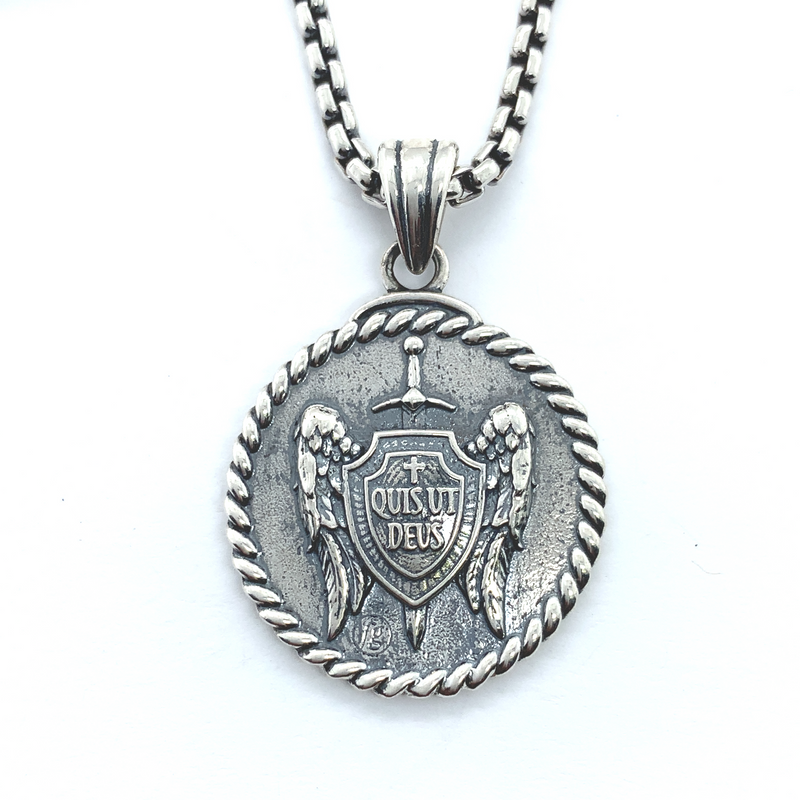 Necklace pendant of St Michael's shield and sword in sterling silver.  Round pendant has a rope border.