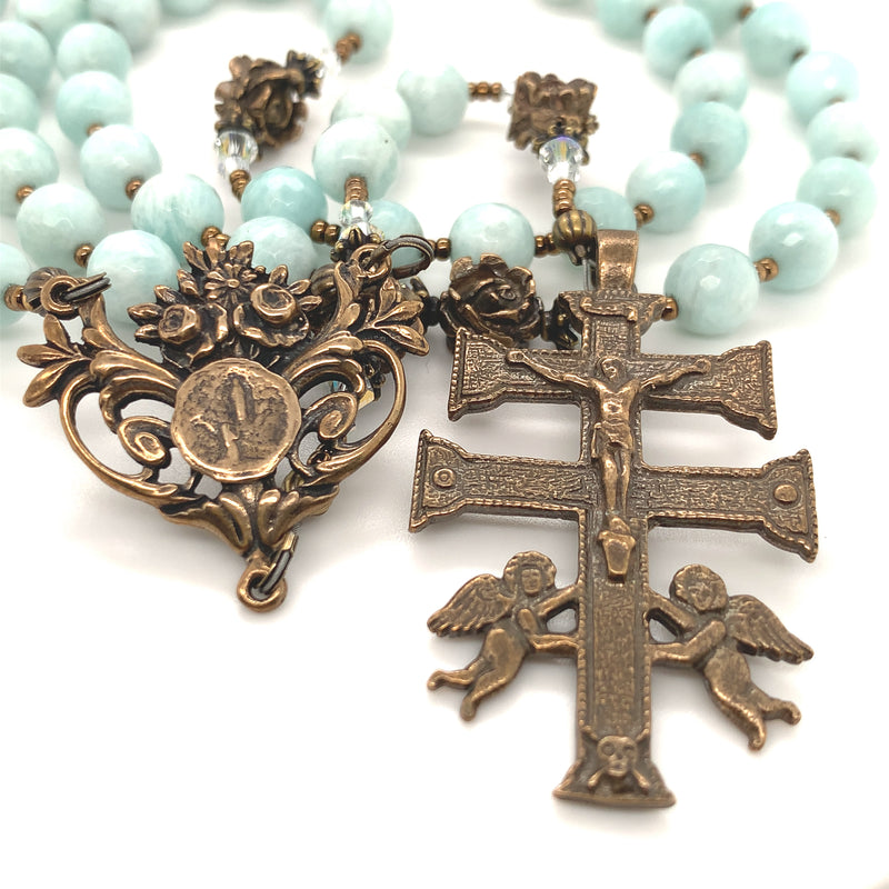 Rosary - Green Amazonite and Bronze Lourdes Center and Caravaca Crucifix