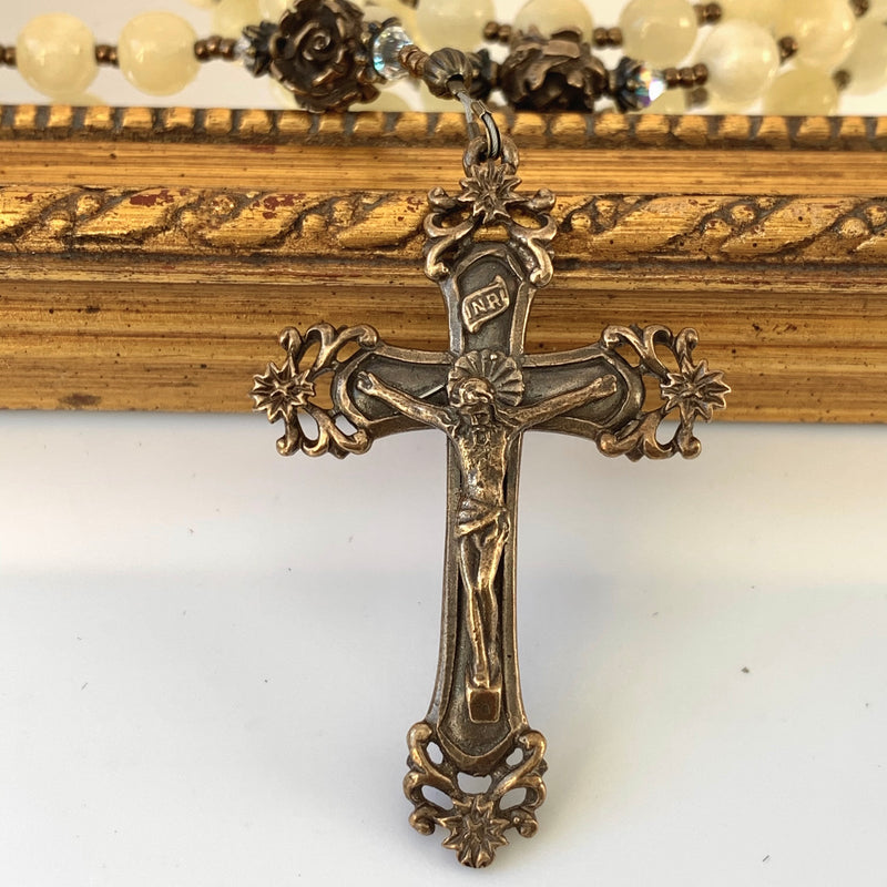 Yellow Calcite and Bronze Rosary, Fatima Center and Scrolls Crucifix