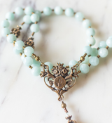 Rosary - Green Amazonite and Bronze Lourdes Center and Scrolls Crucifix
