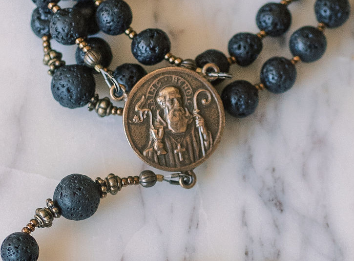 Rosary - Lava Rock and Bronze St. Benedict Center and Holy Face Cross