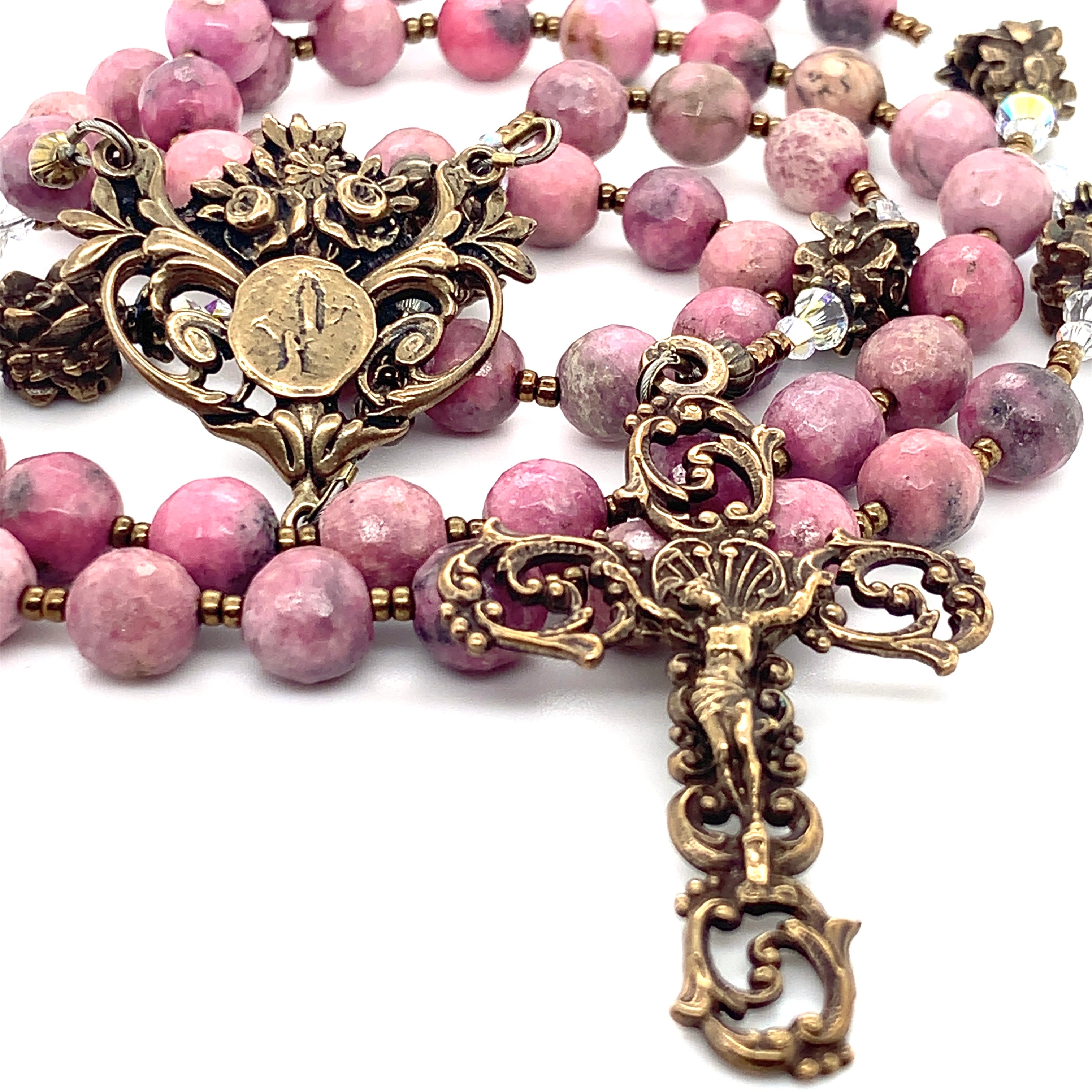 Rosary - Pink Rhodonite and Bronze Lourdes Center and Elaborate Scrolls Crucifix