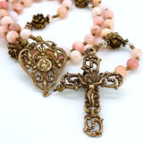 Rosary - Pink Opal and Bronze St. Therese of Lisieux Center and Elaborate Scrolls Crucifix
