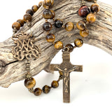 Rosary - Golden brown Tiger Eye and Bronze Auspice Maria Center and St. Benedict Crucifix
