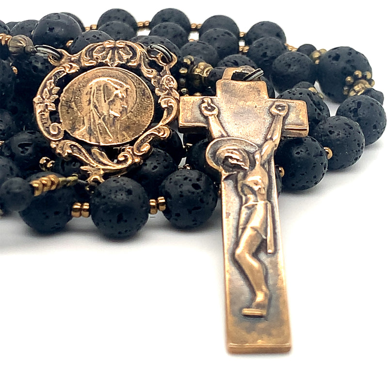 Rosary - Lava Rock and Bronze Our Lady Profile and Penal Crucifix