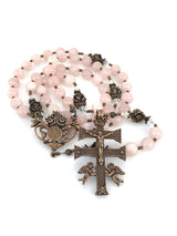 Rosary - Rose Quartz and Bronze Lourdes Center and Caravaca Crucifix