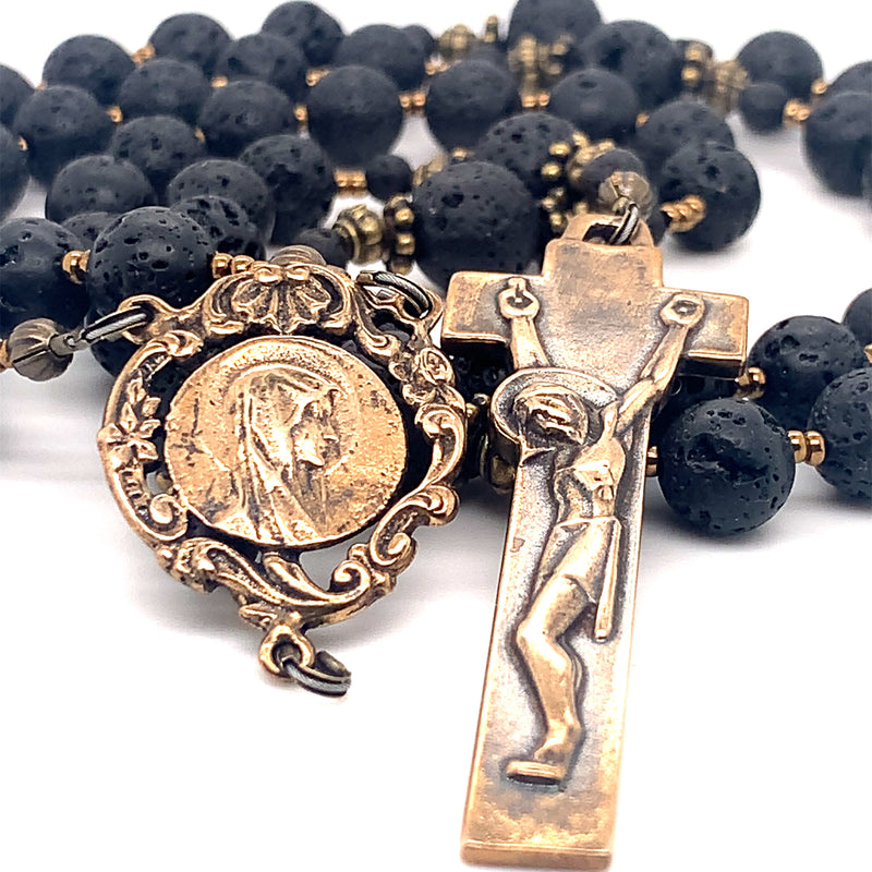 Rosary - Lava Rock and Bronze Our Lady Profile and Penal Crucifix