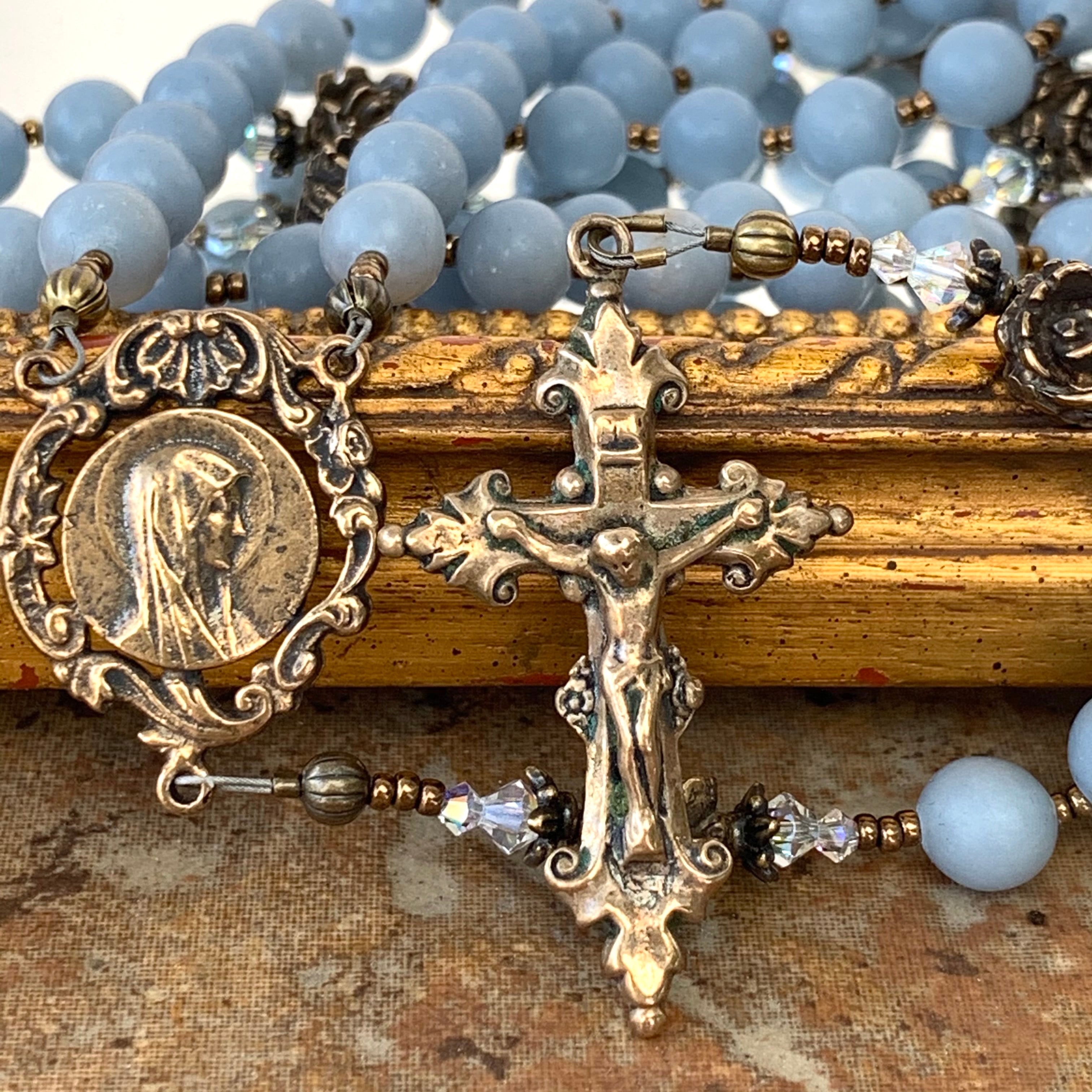 Rosary - Blue Angel Stone and Bronze Our Lady Profile Center and Handsome Little Crucifix
