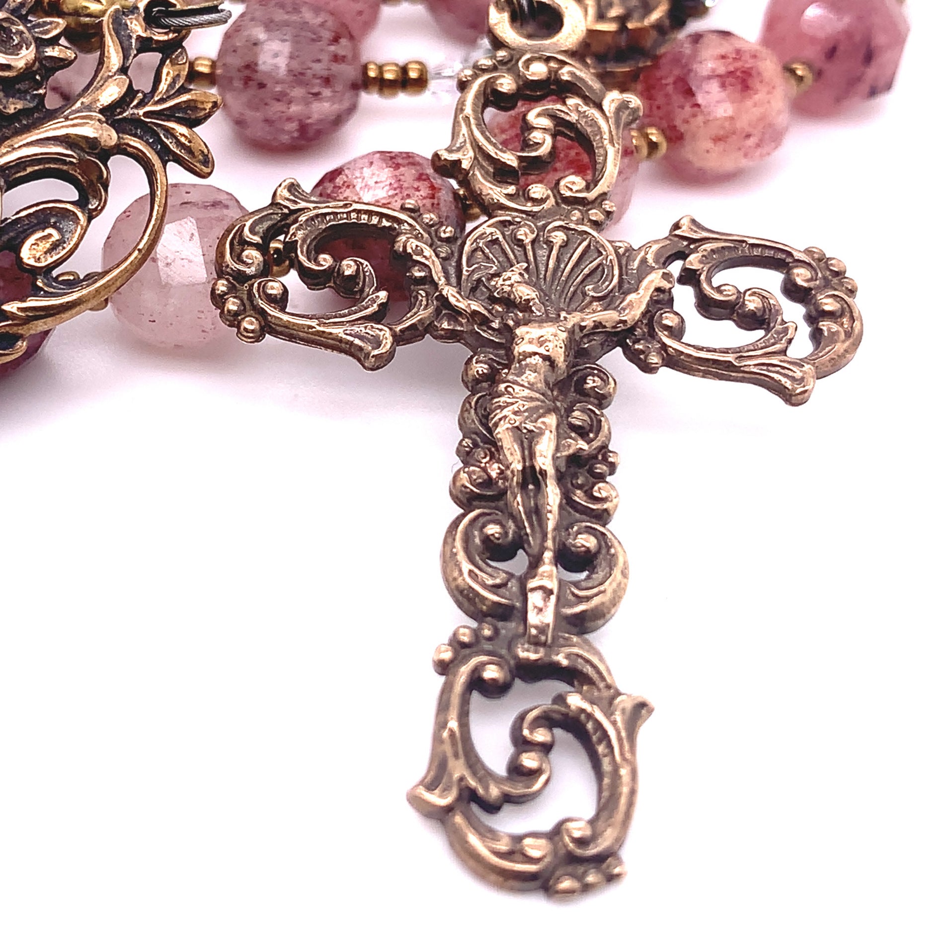 Rosary - Strawberry Quartz with Bronze Lourdes Center and Elaborate Scrolls Crucifix