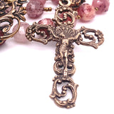 Strawberry Quartz and Bronze Rosary. Lourdes Center and Elaborate Scrolls Crucifix
