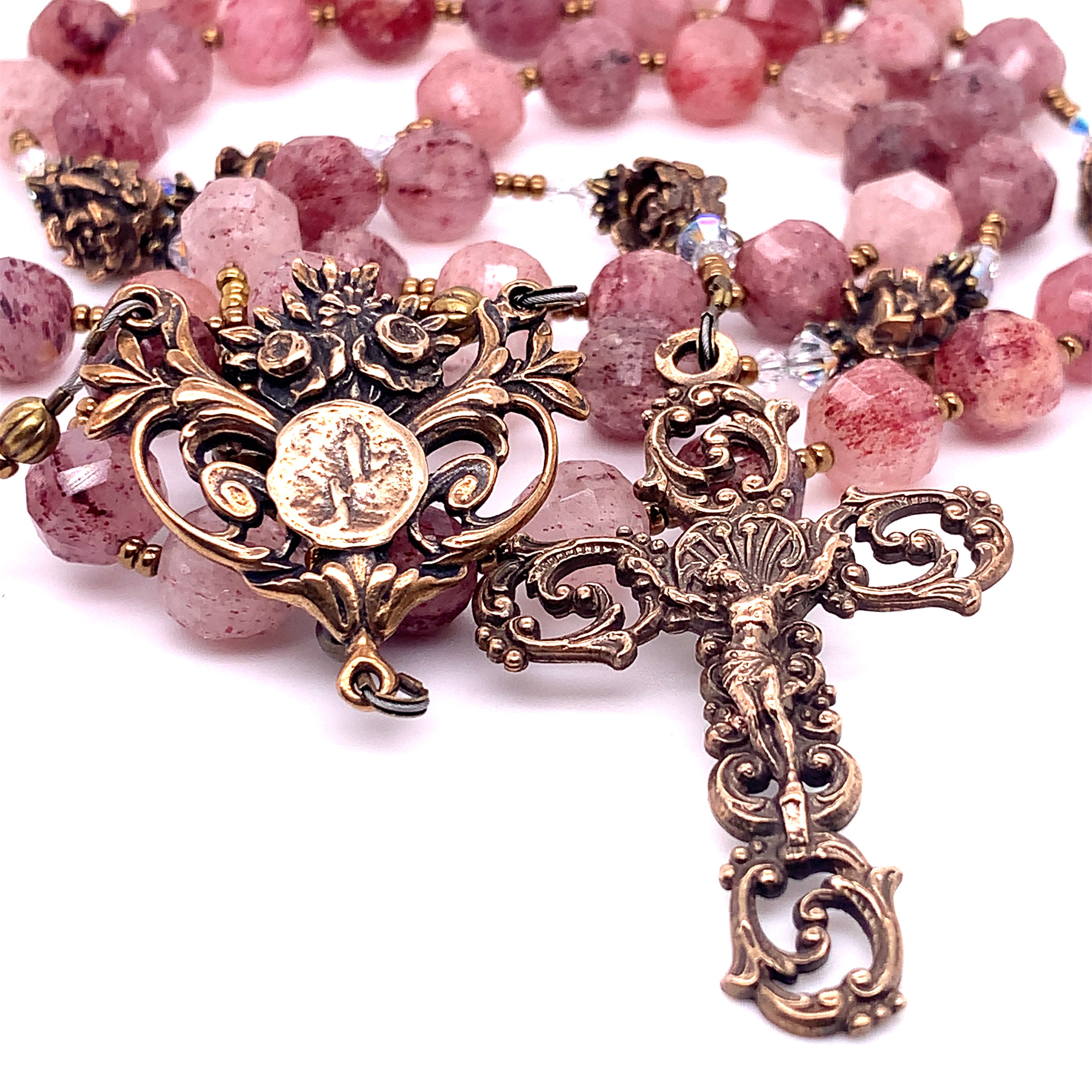 Rosary - Strawberry Quartz with Bronze Lourdes Center and Elaborate Scrolls Crucifix