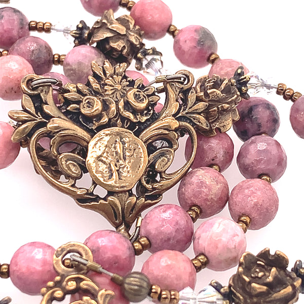 Rosary - Pink Rhodonite and Bronze Lourdes Center and Elaborate Scrolls Crucifix