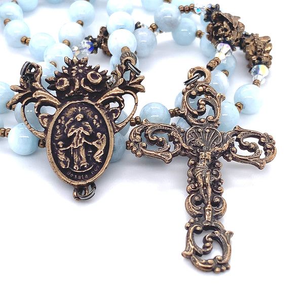 Rosary - Aquamarine and Bronze Our Lady Undoer of Knots Center and Scrolls Crucifix