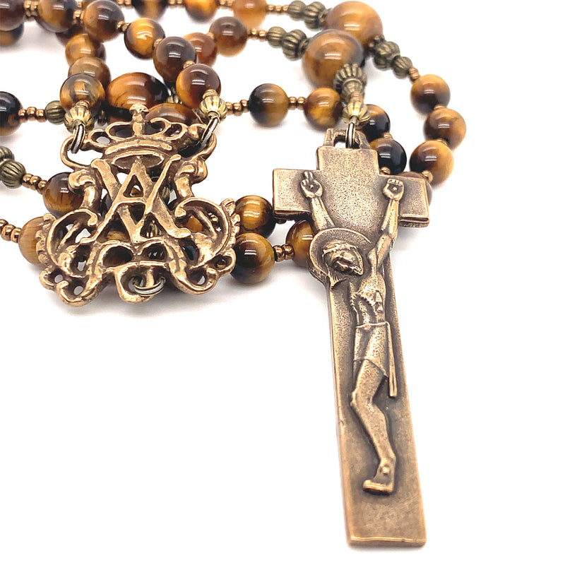 Rosary - Golden Brown Tiger Eye and Bronze Auspice Maria Center and Penal Crucifix