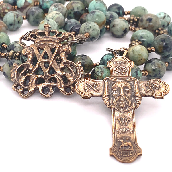 Rosary - African Turquoise (Jasper) with Bronze Auspice Maria Center and Holy Face Cross