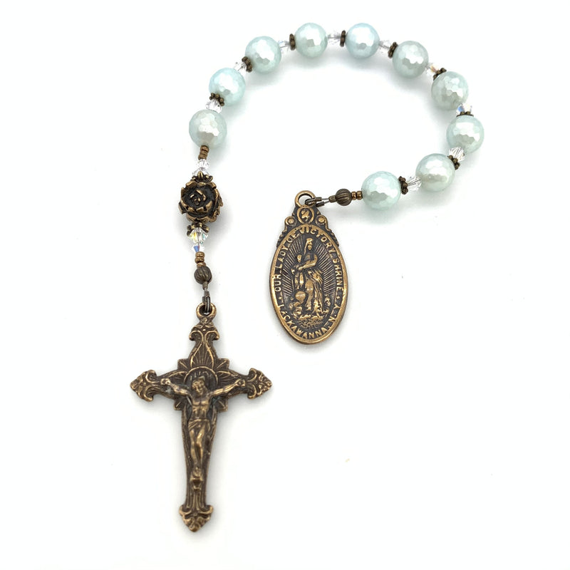 Rose our Father bead in bronze with Teal hail mary beads on single decade rosary and Our Lady of Victory