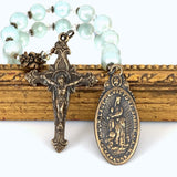 Unique single decade rosary featuring Teal Shell Beads with clear Swarovski accents and Bronze Our Lady of Victory medal