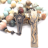 Irish Penal crucifix with holy face center and amazonite beads making up rosary
