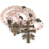 Beautiful Rosary with Rose Quartz hail Mary rosary beads, Bronze Lourdes Center and Caravaca Crucifix
