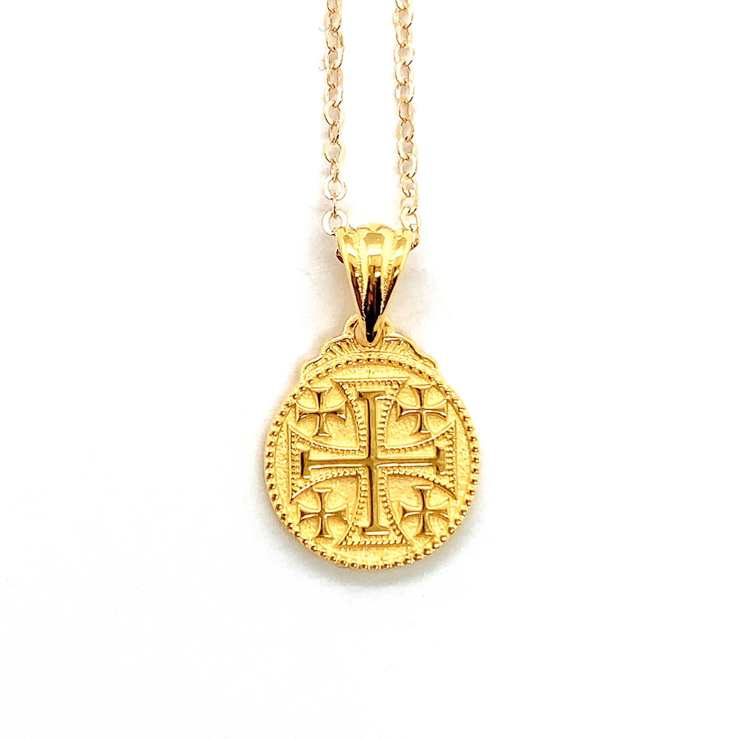 Gold Jerusalem cross necklace with a gold chain used by Kairos.  Also known as the five fold cross.