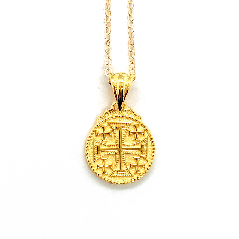 Gold Jerusalem cross necklace with a gold chain used by Kairos.  Also known as the five fold cross.