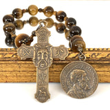 Tiger Eye gemstone rosary beads on Single Decade Rosary and Bronze Holy Face cross and St Joseph medal
